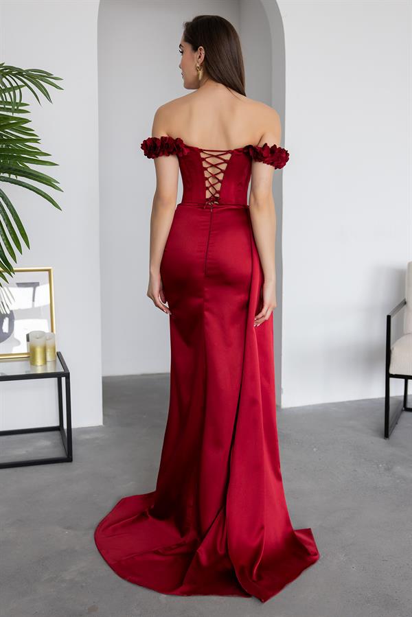 Satin Gown with Floral Collar - Burgundy