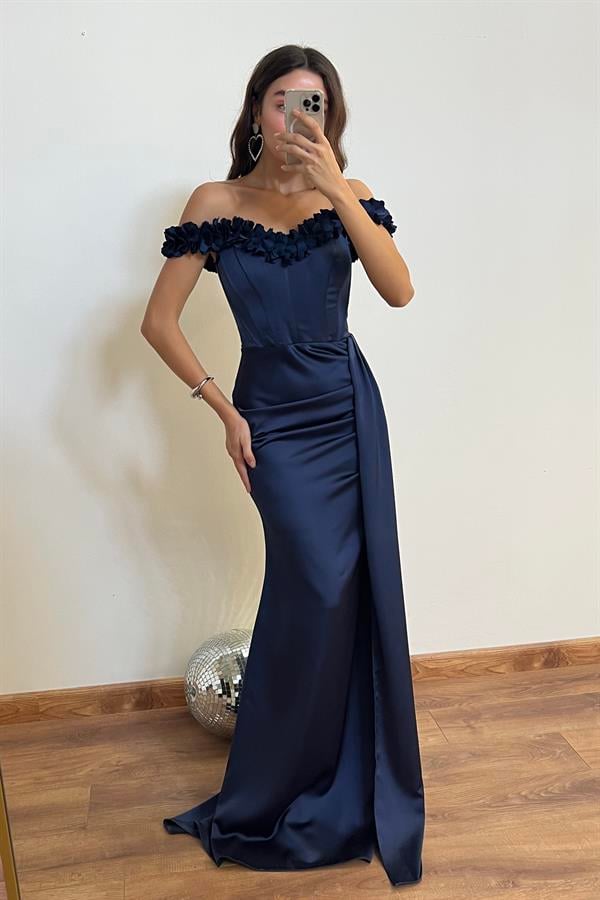 Satin Gown with Floral Collar - Navy Blue