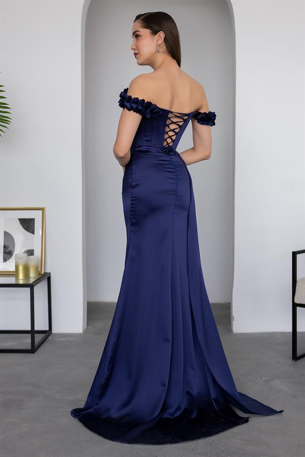 Satin Gown with Floral Collar - Navy Blue