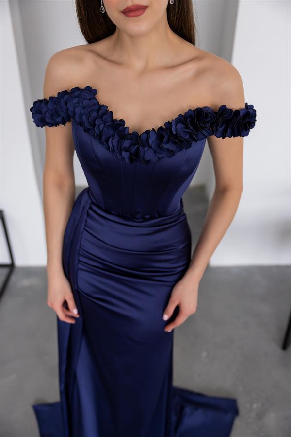 Satin Gown with Floral Collar - Navy Blue