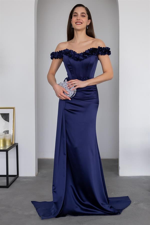 Satin Gown with Floral Collar - Navy Blue