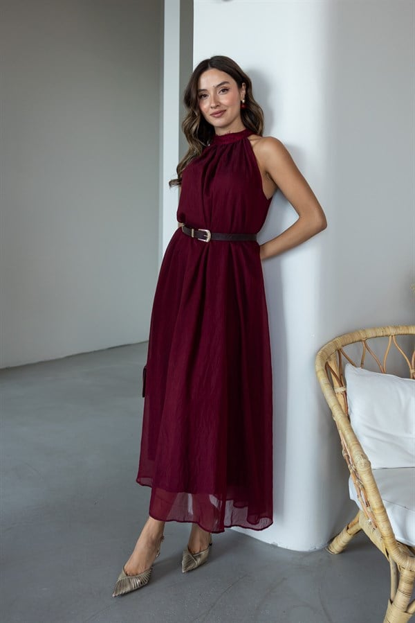 Yaka Dantel Detaylı Elbise - BORDO