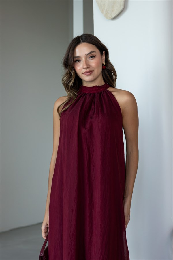 Yaka Dantel Detaylı Elbise - BORDO