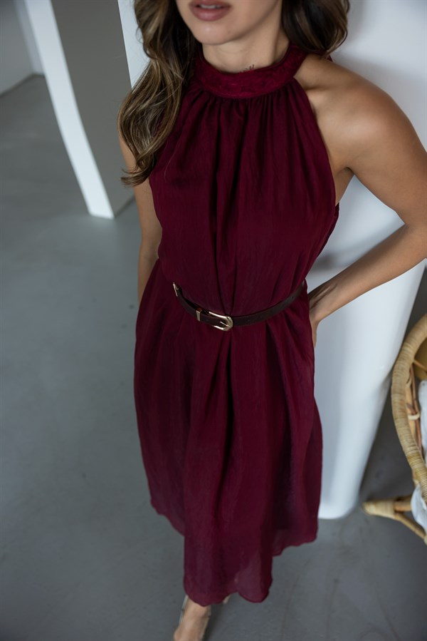 Yaka Dantel Detaylı Elbise - BORDO