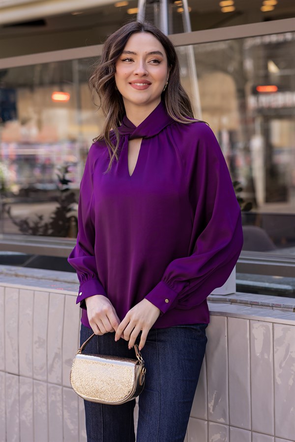 Yaka Düğümlü Saten Bluz - MOR