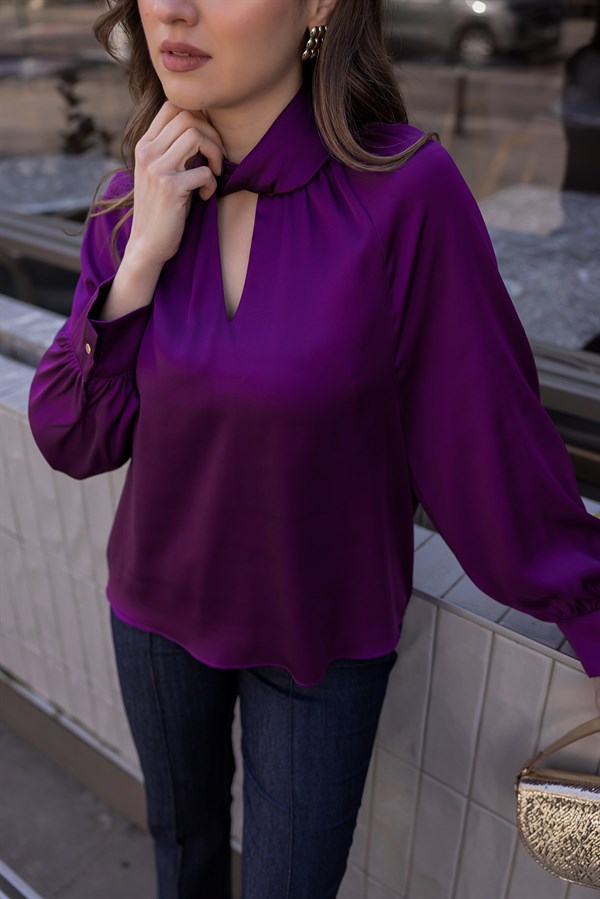 Yaka Düğümlü Saten Bluz - MOR