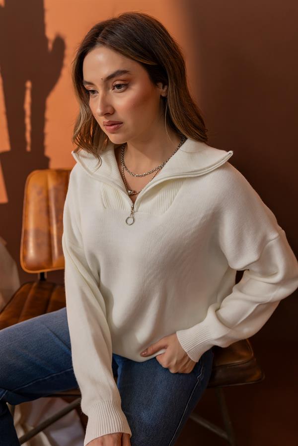 Yaka Fermuarlı Kazak - EKRU