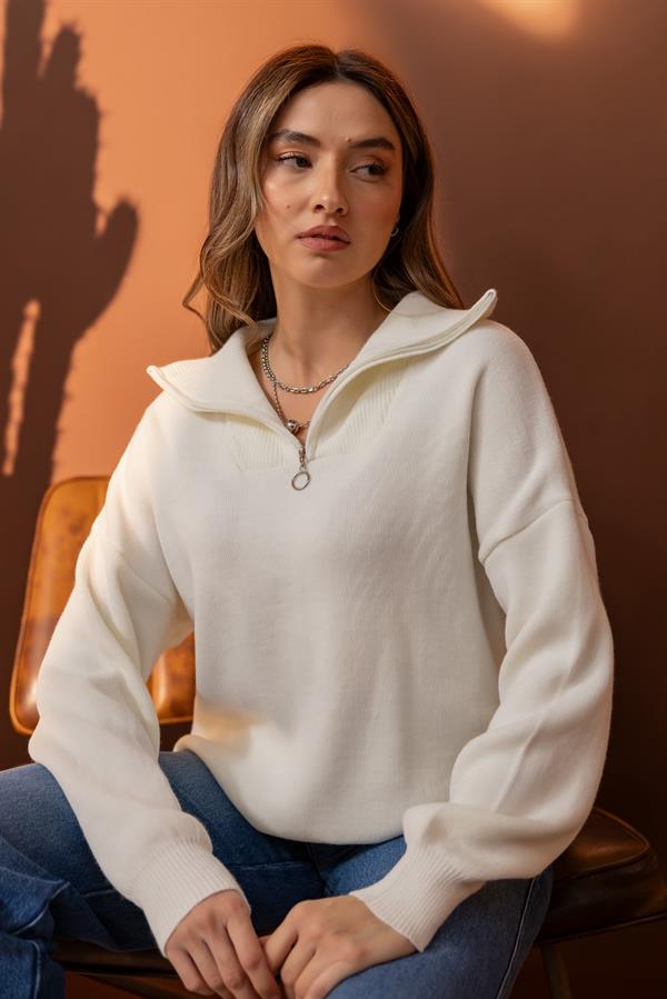 Yaka Fermuarlı Kazak - EKRU