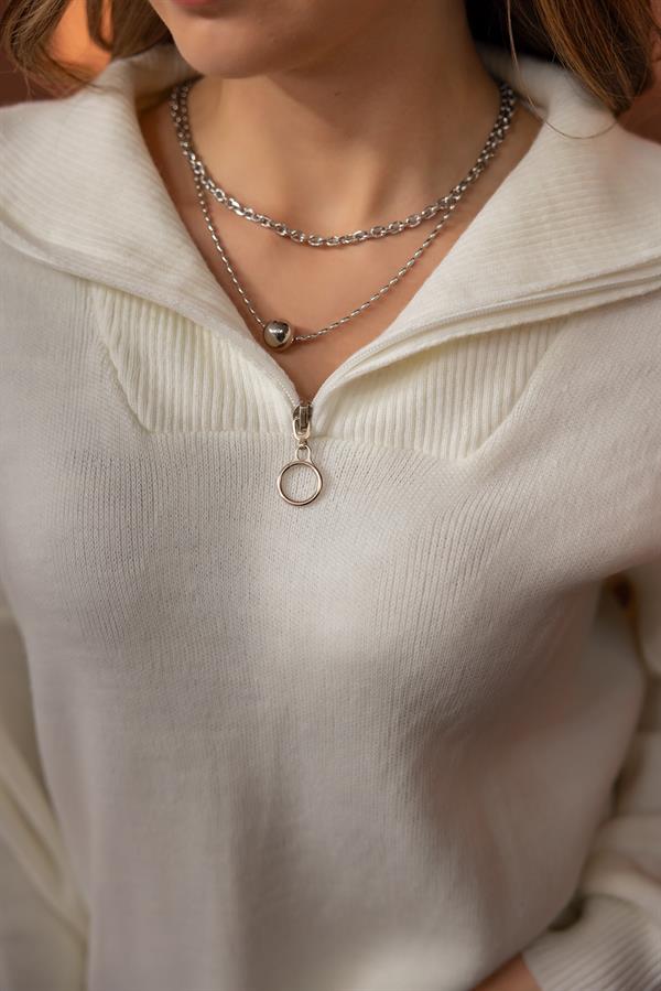 Yaka Fermuarlı Kazak - EKRU