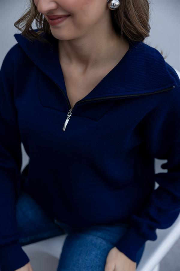 Yaka Fermuarlı Kazak - LACİVERT