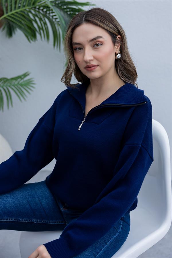 Yaka Fermuarlı Kazak - LACİVERT