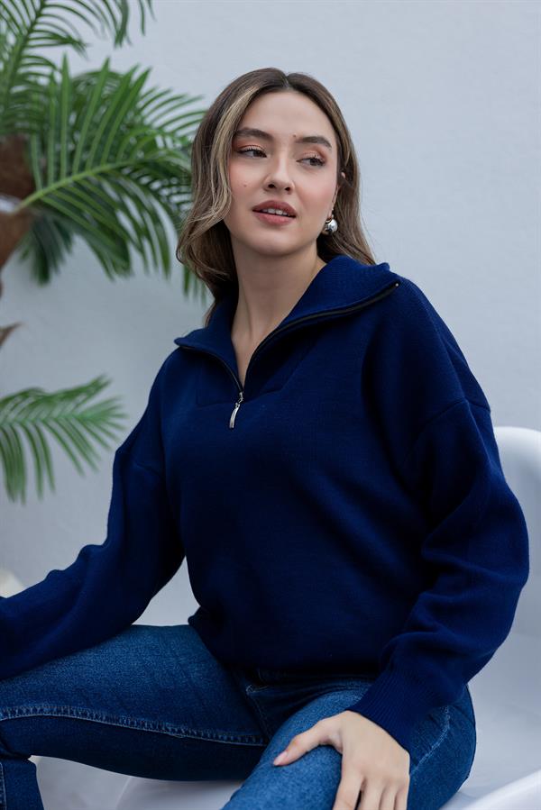 Yaka Fermuarlı Kazak - LACİVERT