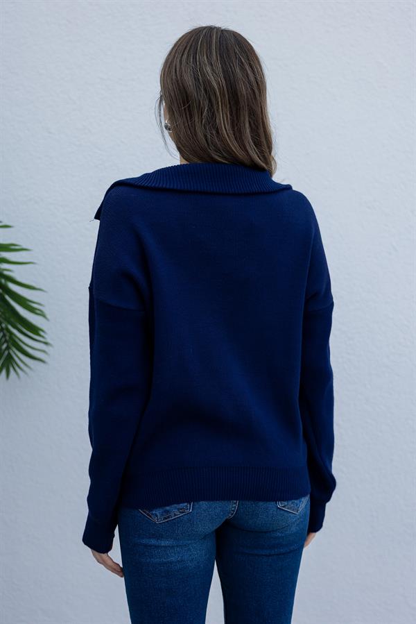 Yaka Fermuarlı Kazak - LACİVERT