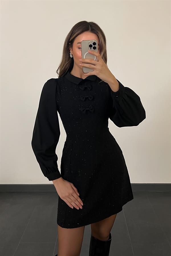 Yaka Fiyonklu Tüvit Elbise - SİYAH