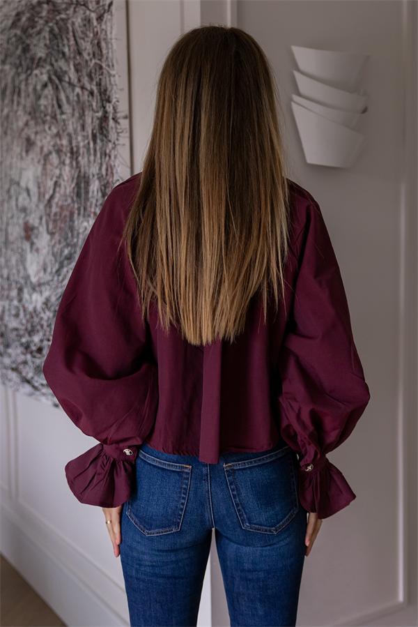 Yaka İp Biyeli Bluz - BORDO