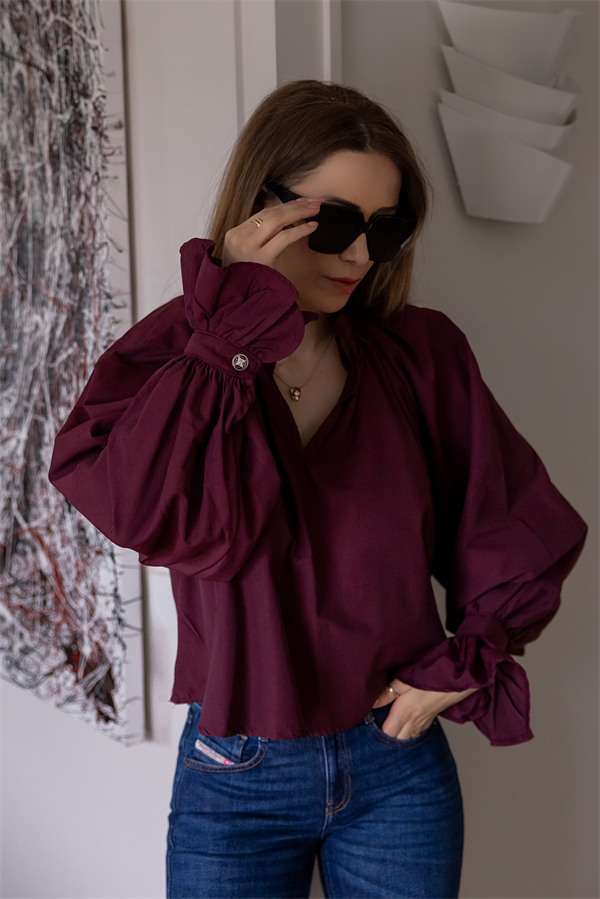 Yaka İp Biyeli Bluz - BORDO