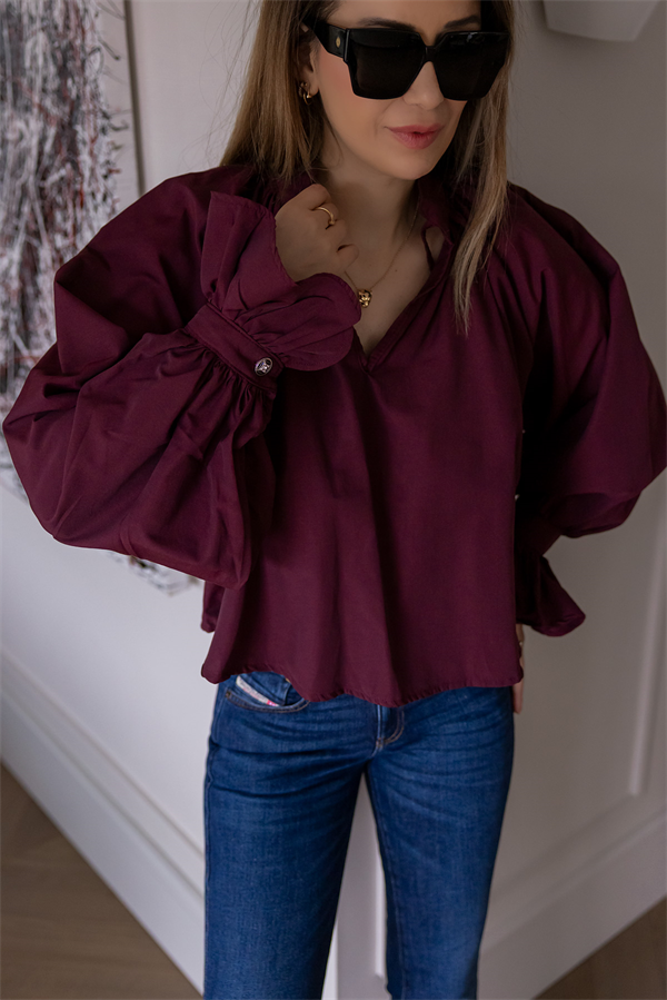 Yaka İp Biyeli Bluz - BORDO