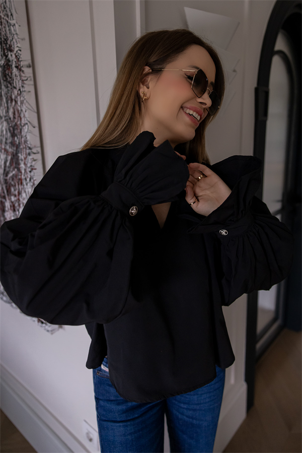 Yaka İp Biyeli Bluz - SİYAH