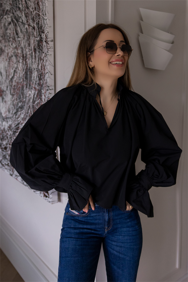 Yaka İp Biyeli Bluz - SİYAH