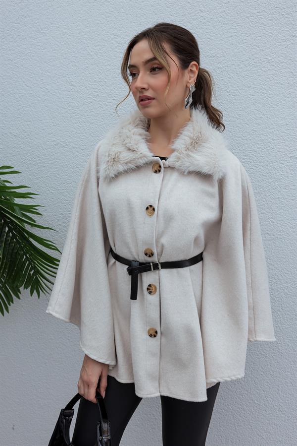 Yaka Kürklü Kemerli Panço - EKRU