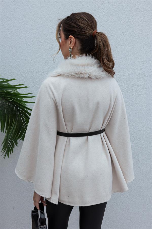 Yaka Kürklü Kemerli Panço - EKRU