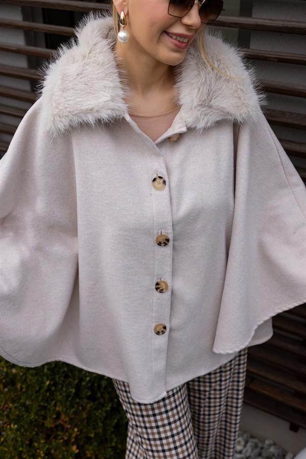 Yaka Kürklü Kemerli Panço - EKRU