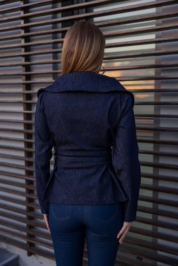 Yakalı Denim Ceket - LACİVERT