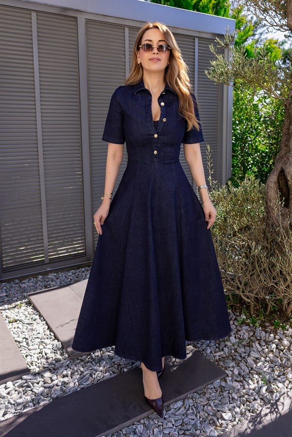 Yakalı Denim Elbise - LACİVERT