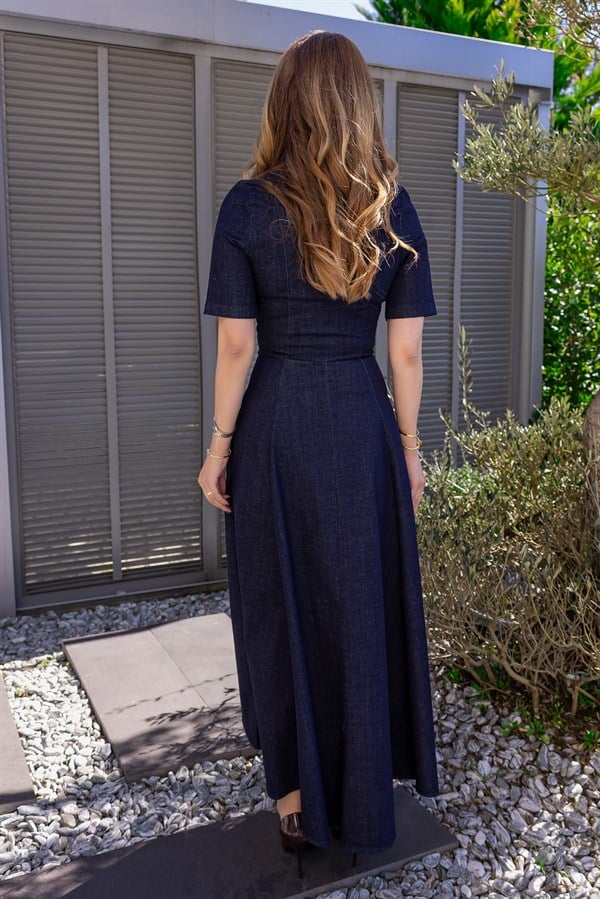 Yakalı Denim Elbise - LACİVERT