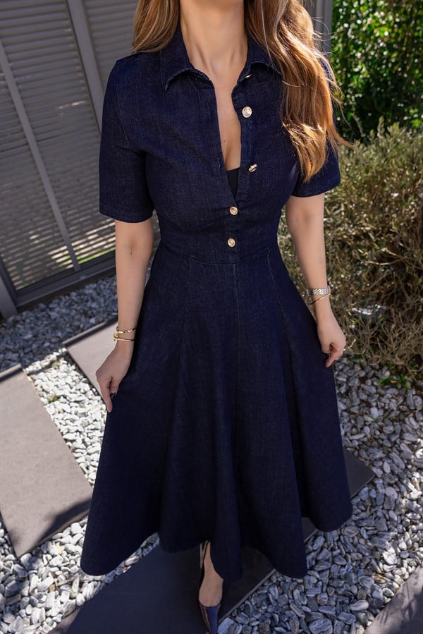 Yakalı Denim Elbise - LACİVERT