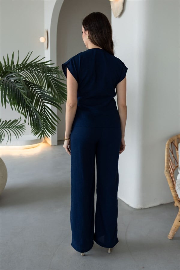 Yandan Bağlamalı Keten Takım - LACİVERT