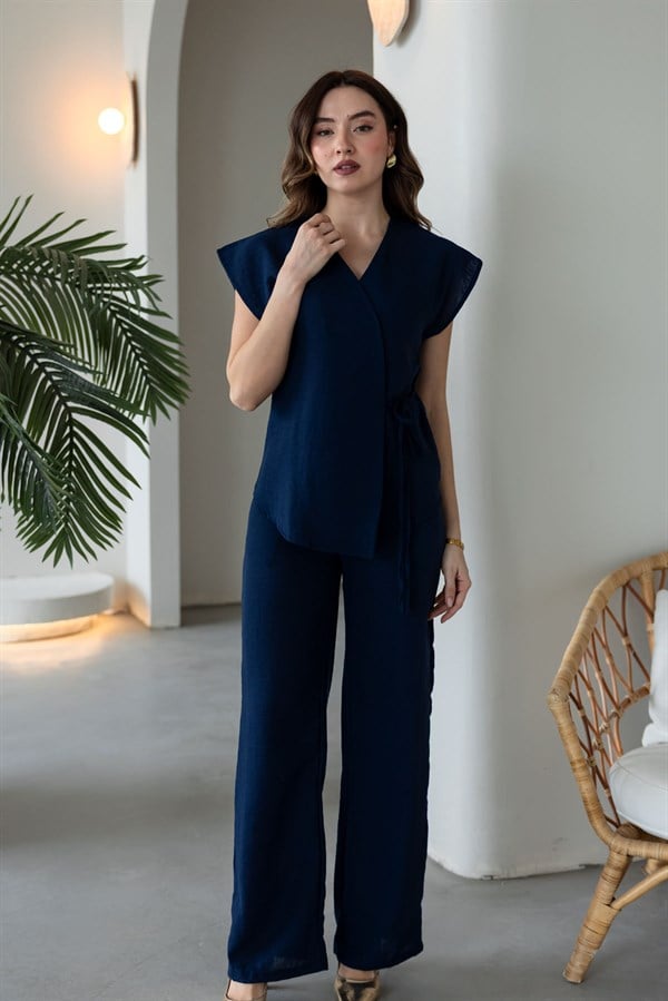 Yandan Bağlamalı Keten Takım - LACİVERT