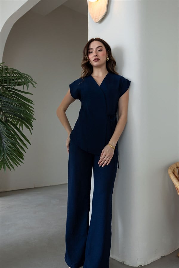 Yandan Bağlamalı Keten Takım - LACİVERT