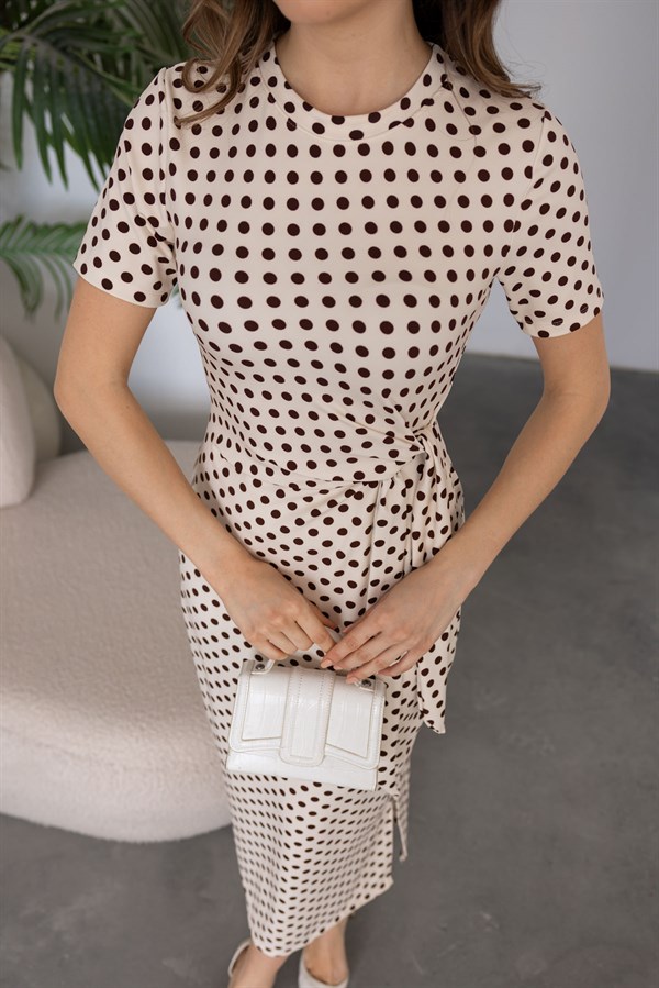 Yandan Bağlamalı Puantiyeli Elbise - KREM