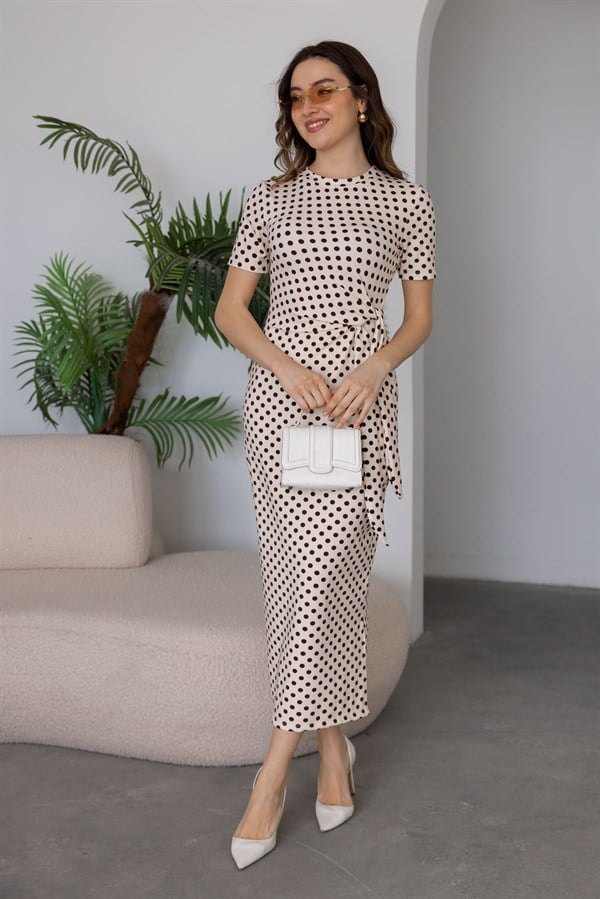 Yandan Bağlamalı Puantiyeli Elbise - KREM