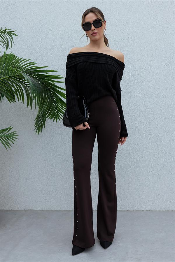 Yanı Zımbalı İspanyol Paça Tayt - KAHVERENGİ