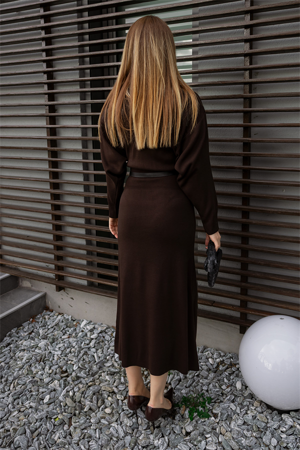 Yarasa Kol Kemerli Triko Elbise - KAHVERENGİ