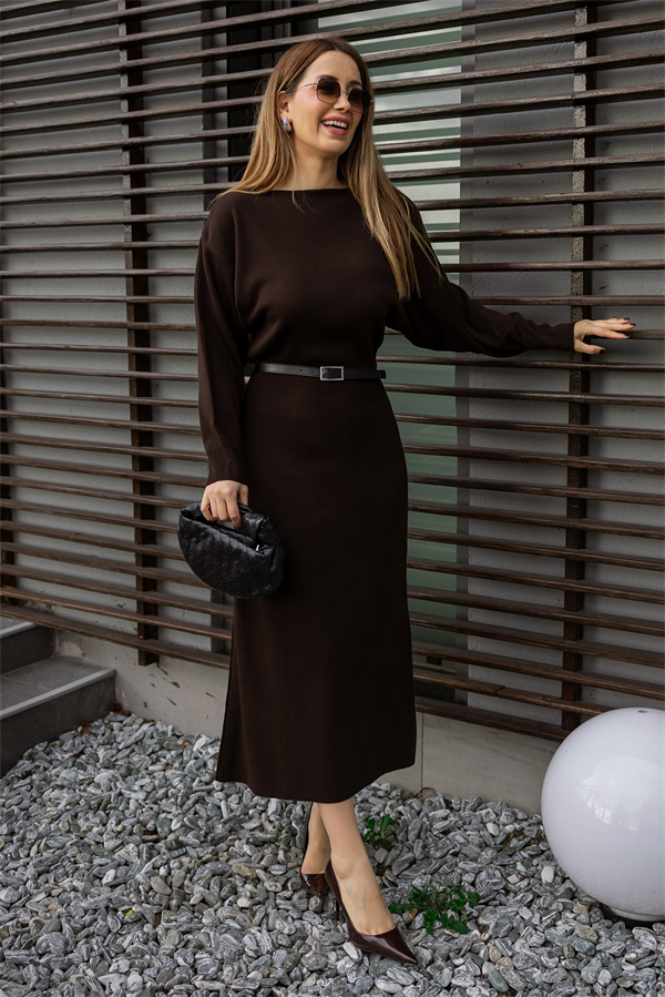 Yarasa Kol Kemerli Triko Elbise - KAHVERENGİ