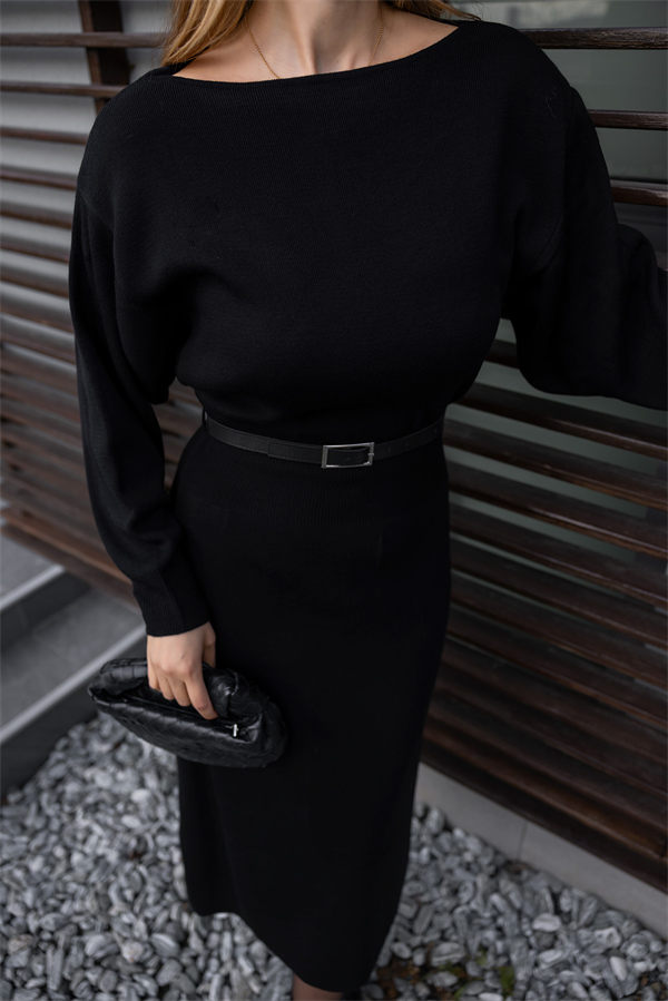 Yarasa Kol Kemerli Triko Elbise - SİYAH