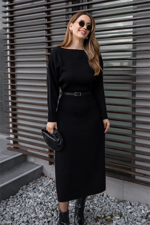 Yarasa Kol Kemerli Triko Elbise - SİYAH