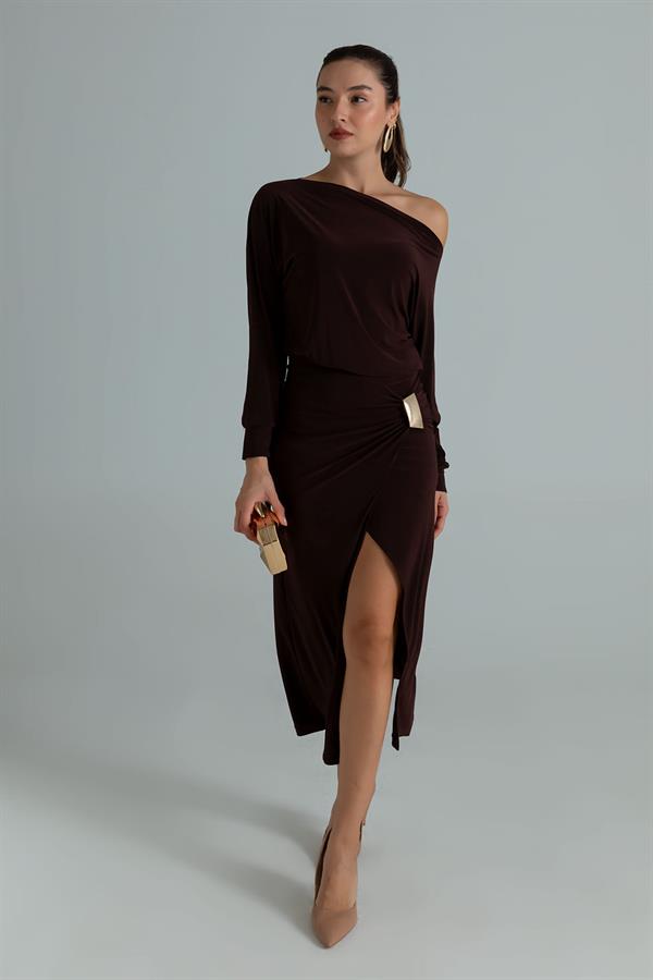 Yarasa Kol Sandy Elbise - KAHVERENGİ