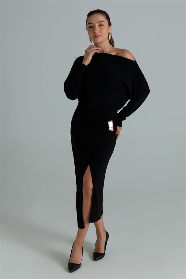 Yarasa Kol Sandy Elbise - SİYAH