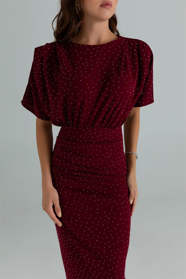Yarasa Kol Taşlı Elbise - BORDO