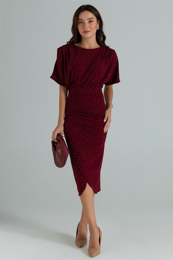 Yarasa Kol Taşlı Elbise - BORDO