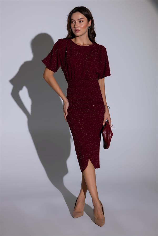 Yarasa Kol Taşlı Elbise - BORDO