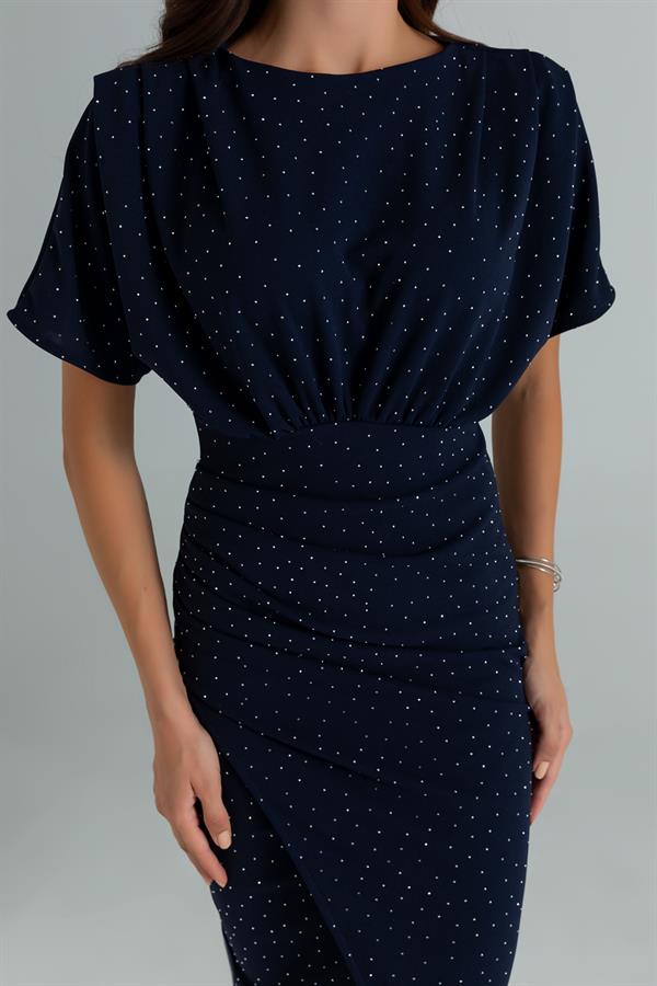 Yarasa Kol Taşlı Elbise - LACİVERT