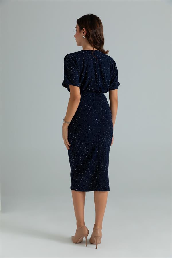 Yarasa Kol Taşlı Elbise - LACİVERT