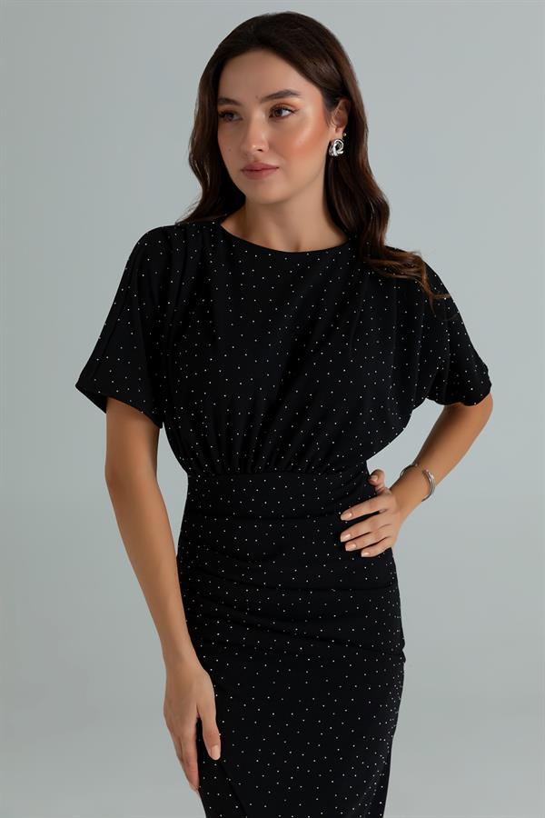 Yarasa Kol Taşlı Elbise - SİYAH