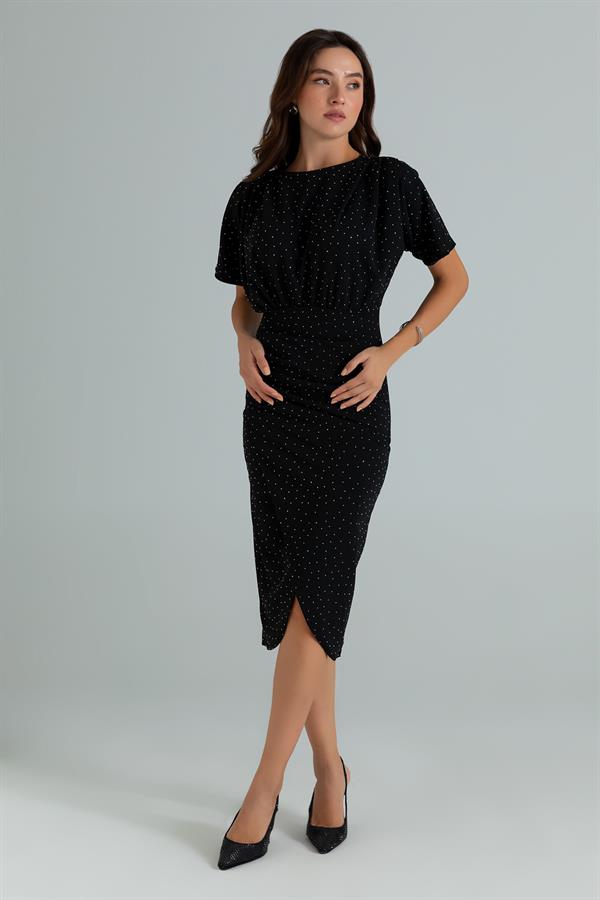 Yarasa Kol Taşlı Elbise - SİYAH