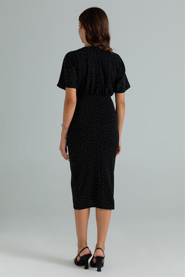 Yarasa Kol Taşlı Elbise - SİYAH